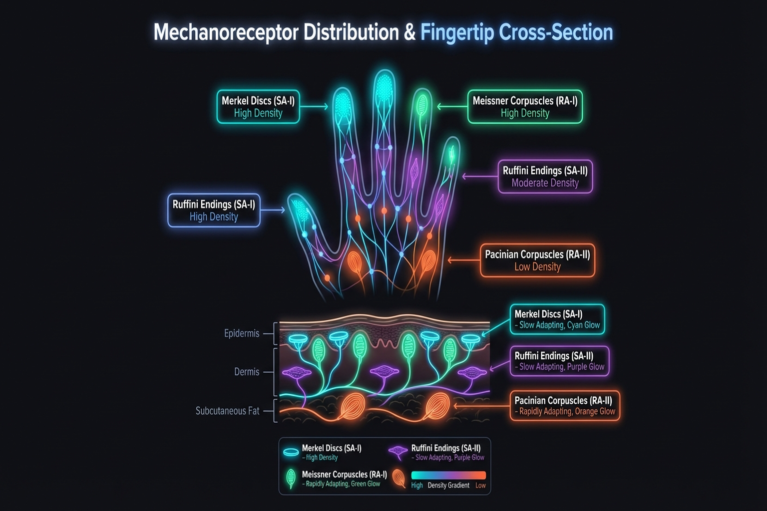 Figure 1.1: Distribution of mechanoreceptors in the human hand. Adapted from Johansson & Flanagan (2009).