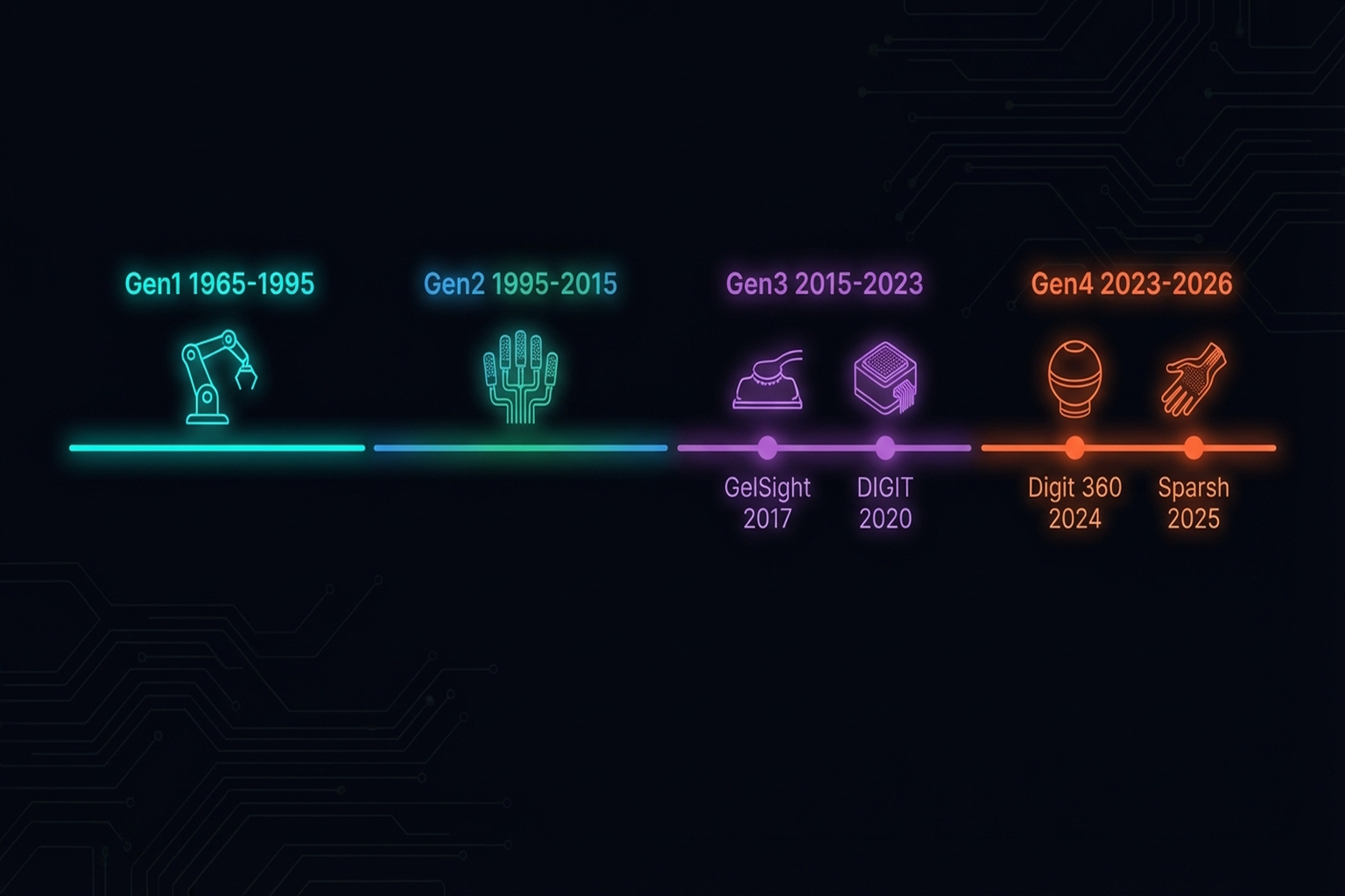 Figure 1.2: Four generations of tactile robotics (1965-2026). Adapted from Tactile Robotics: Past and Future (2025).
