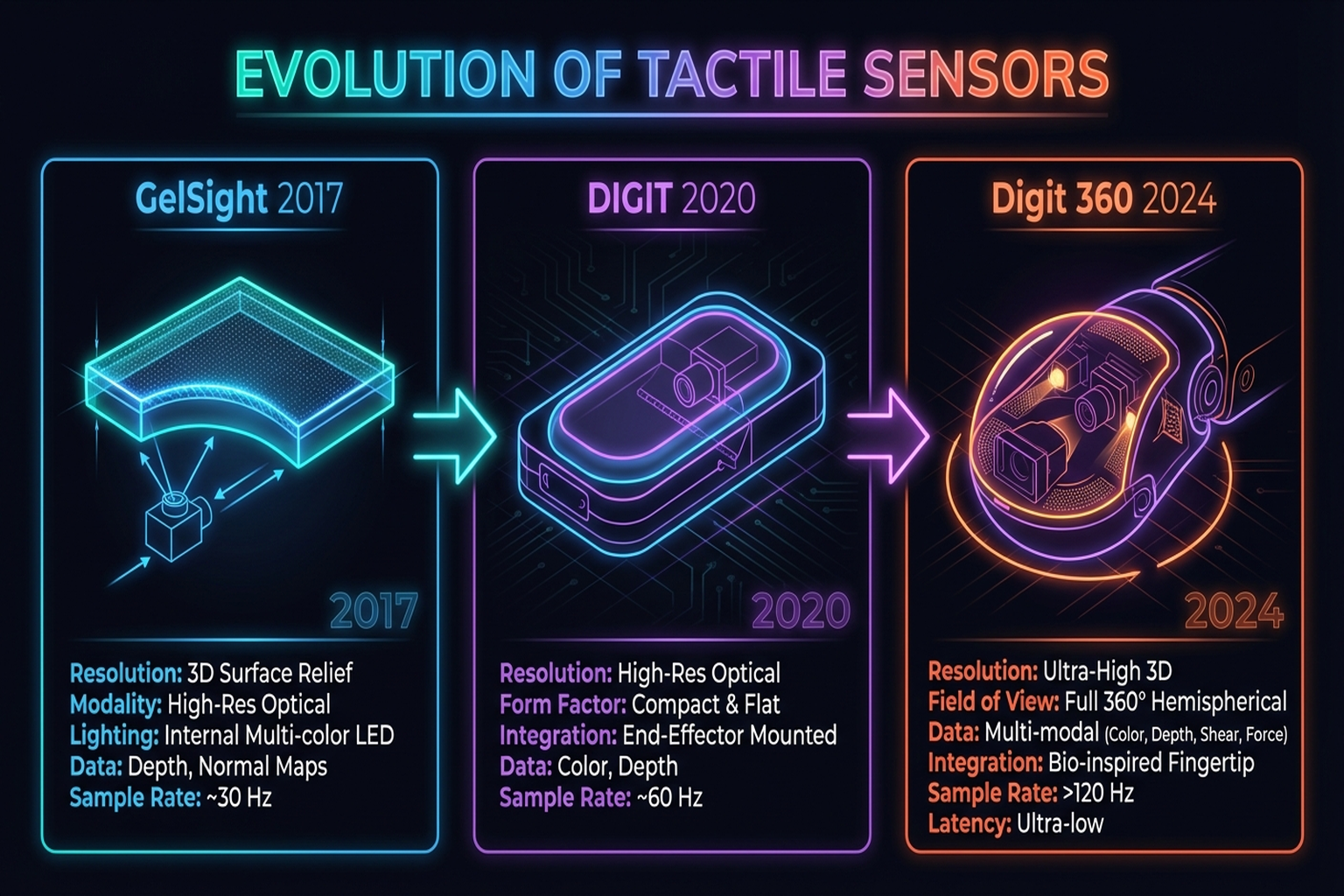 Figure 1.3: Evolution of tactile sensor technology — GelSight (2017) → DIGIT (2020) → Digit 360 (2024). Source: Yuan et al. (2017), Lambeta et al. (2020, 2024).