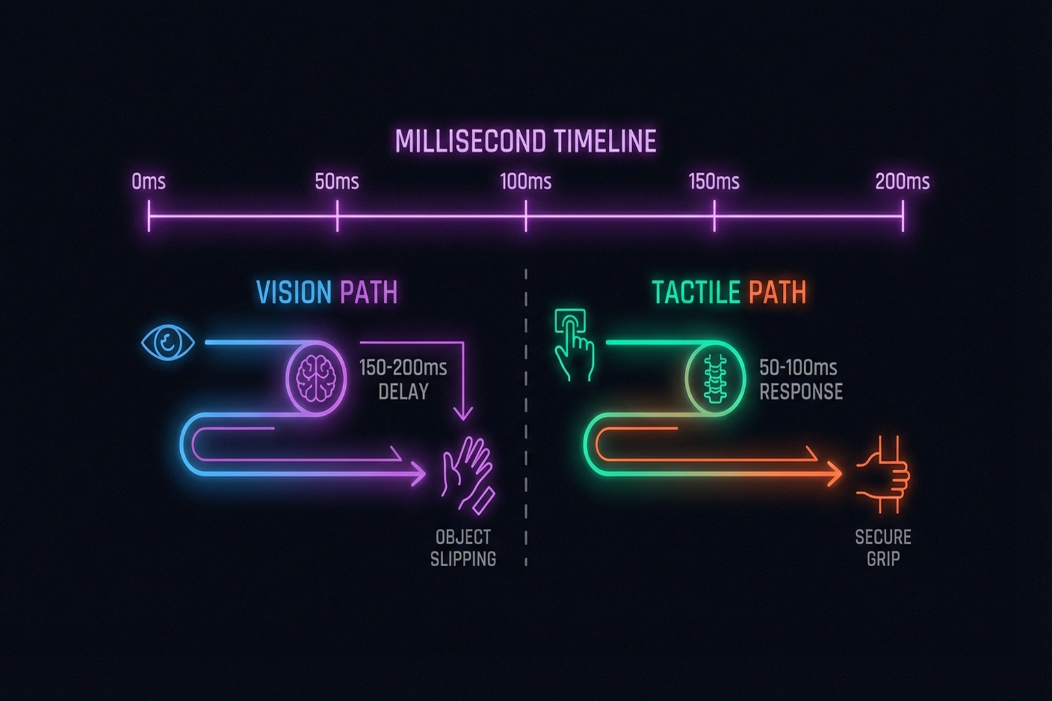 Figure 1.4: Temporal response comparison — vision vs. tactile for slip detection.