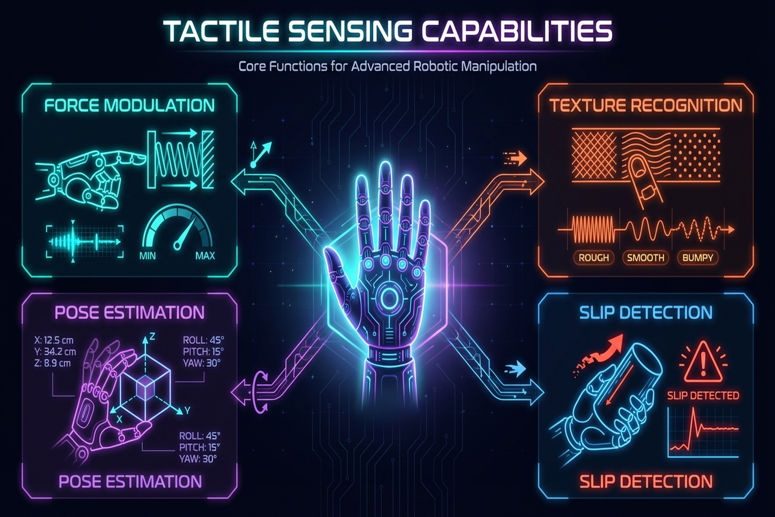 Figure 1.5: Four core capabilities enabled by tactile sensing — force modulation, slip detection, pose estimation, texture recognition.
