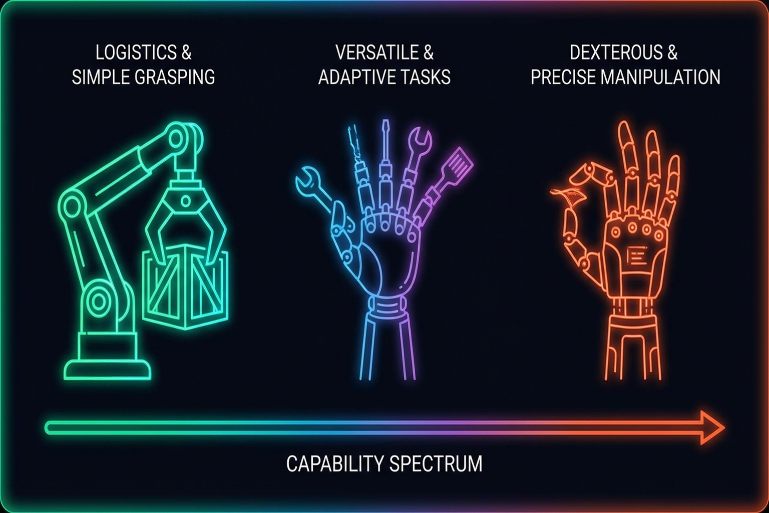 Figure 1.6: The manipulation capability spectrum — logistics (current industrial deployment) vs. dexterous manipulation (research level).