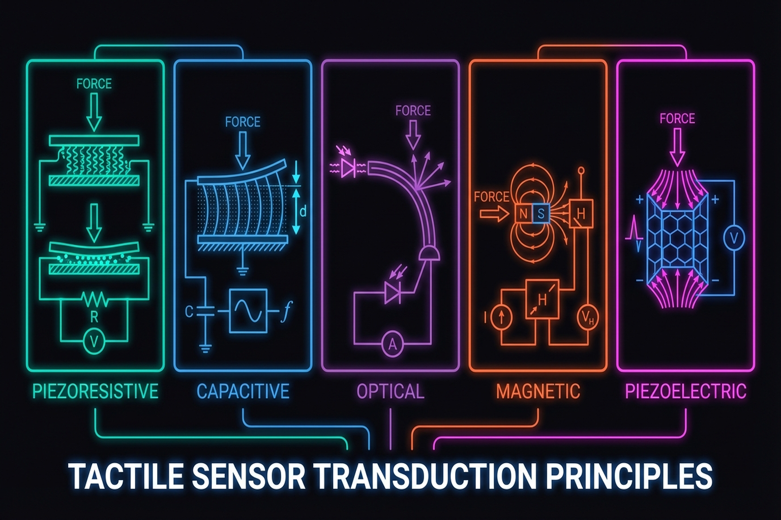 Figure 2.1: Comparison of eight tactile sensor transduction principles.