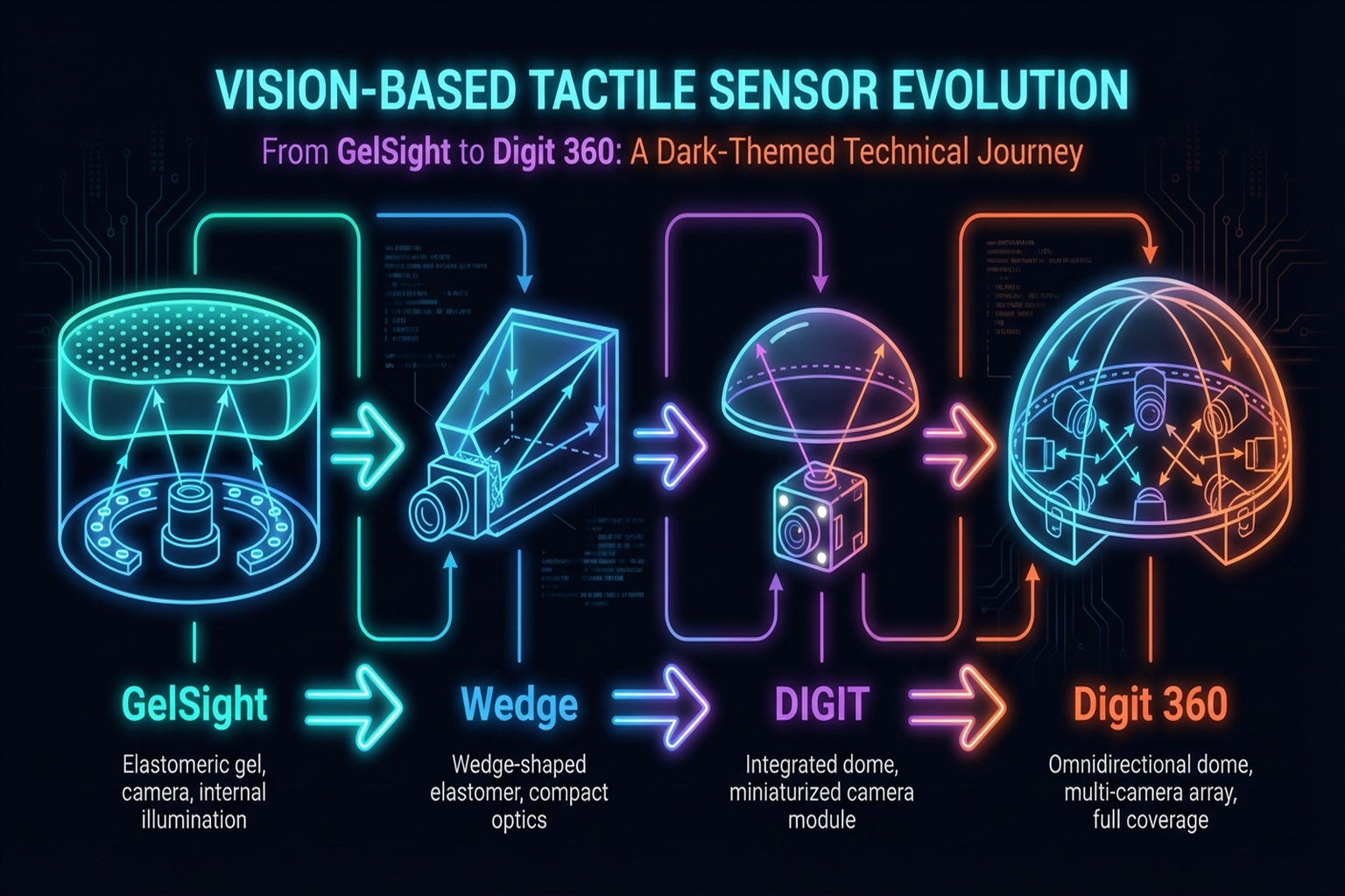 Figure 2.2: Evolution of vision-based tactile sensors. Source: Yuan et al. (2017), Wang et al. (2021), Lambeta et al. (2020, 2024).