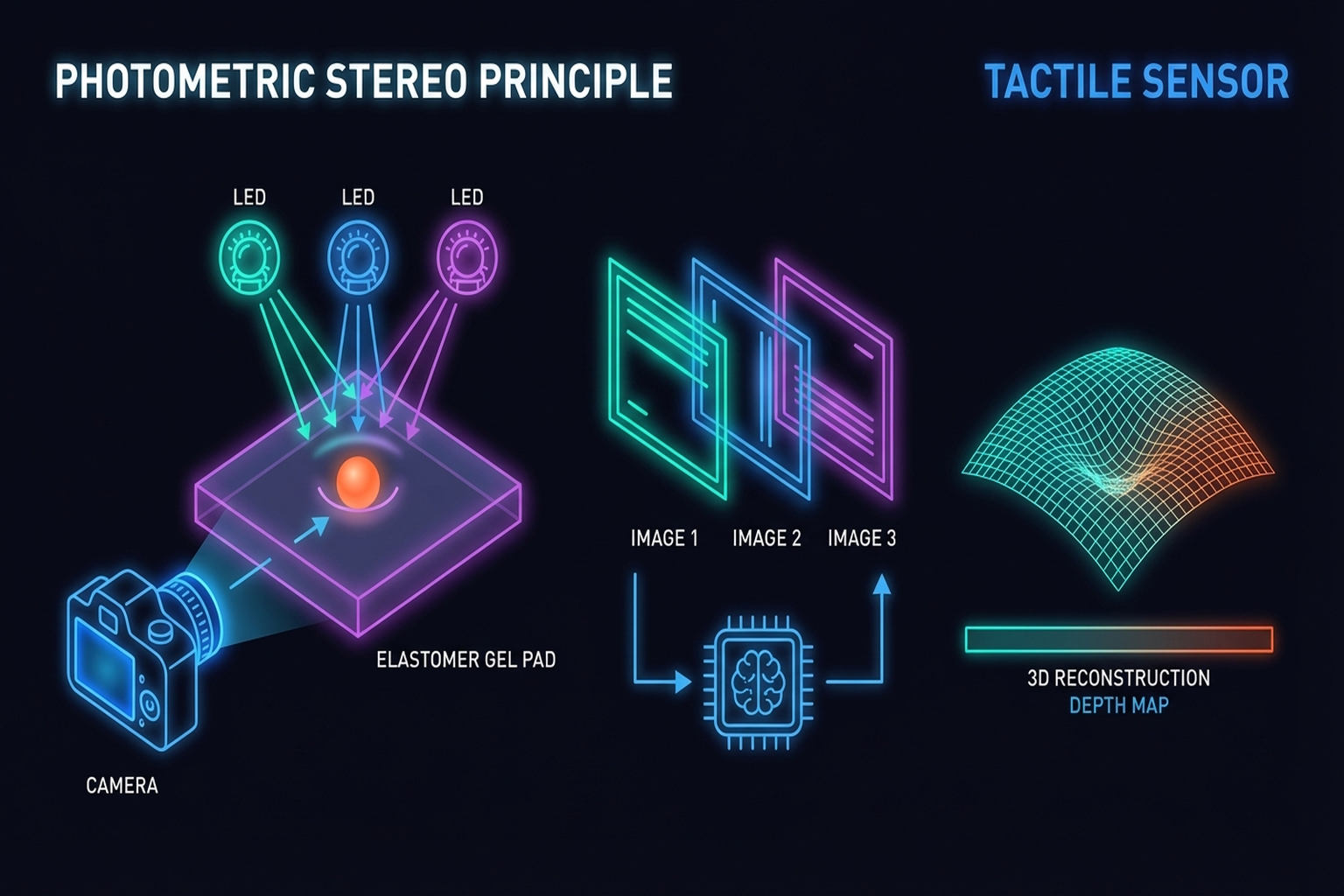 Figure 2.3: Operating principle of vision-based tactile sensors — photometric stereo-based 3D contact map reconstruction.