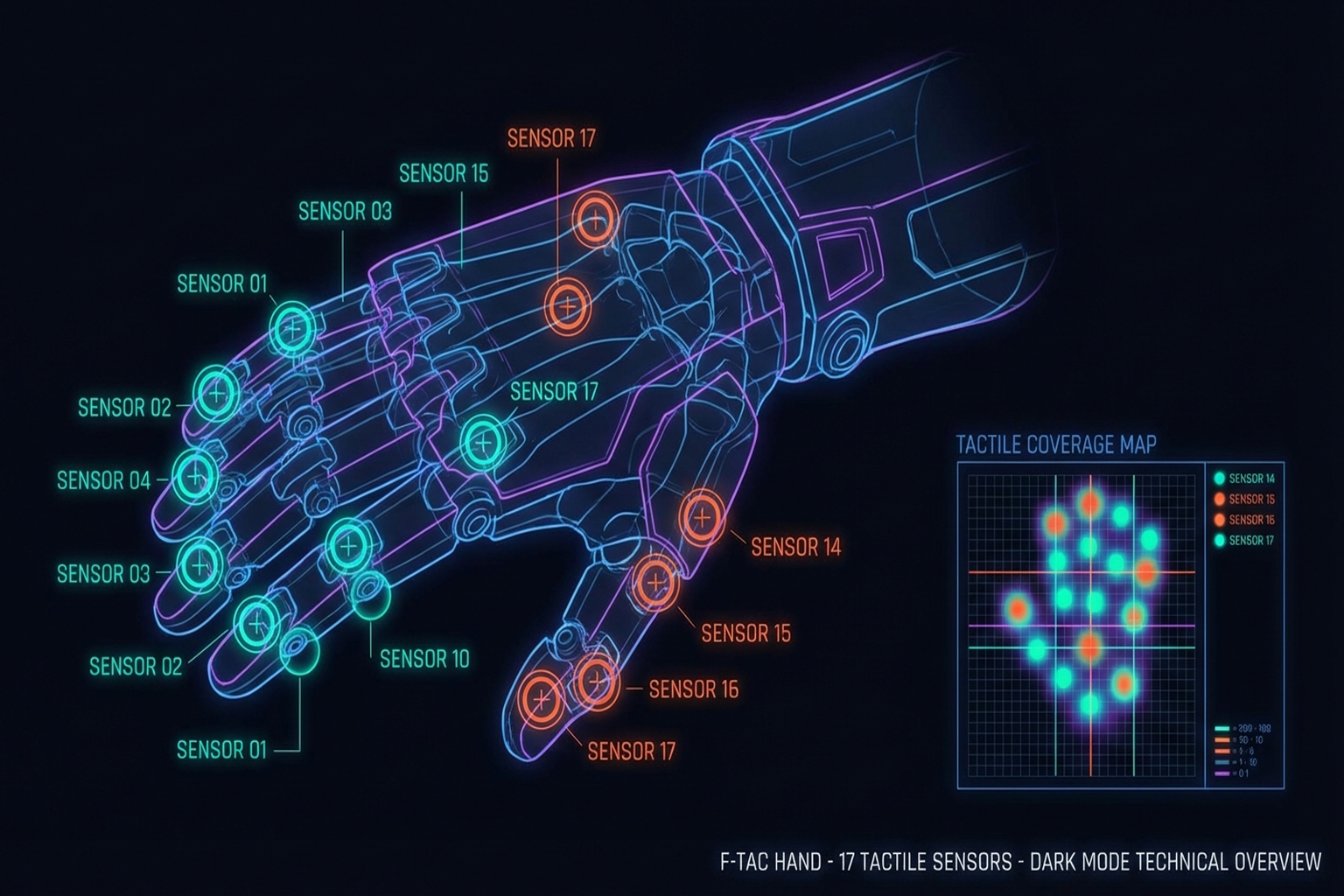 Figure 2.5c: F-TAC Hand sensor layout — distribution and coverage of 17 tactile sensors. Source: F-TAC Hand (Nature Machine Intelligence, 2025).