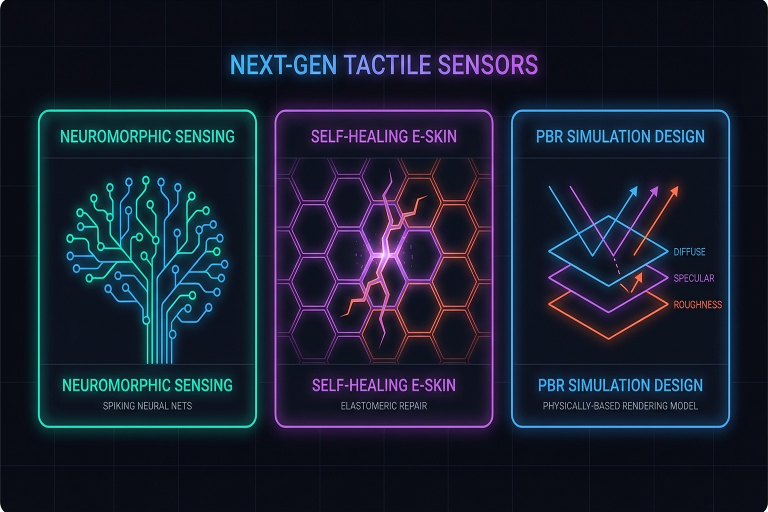 Figure 2.6: Next-generation tactile sensor technologies — neuromorphic sensors, self-healing e-skin, PBR-based design.