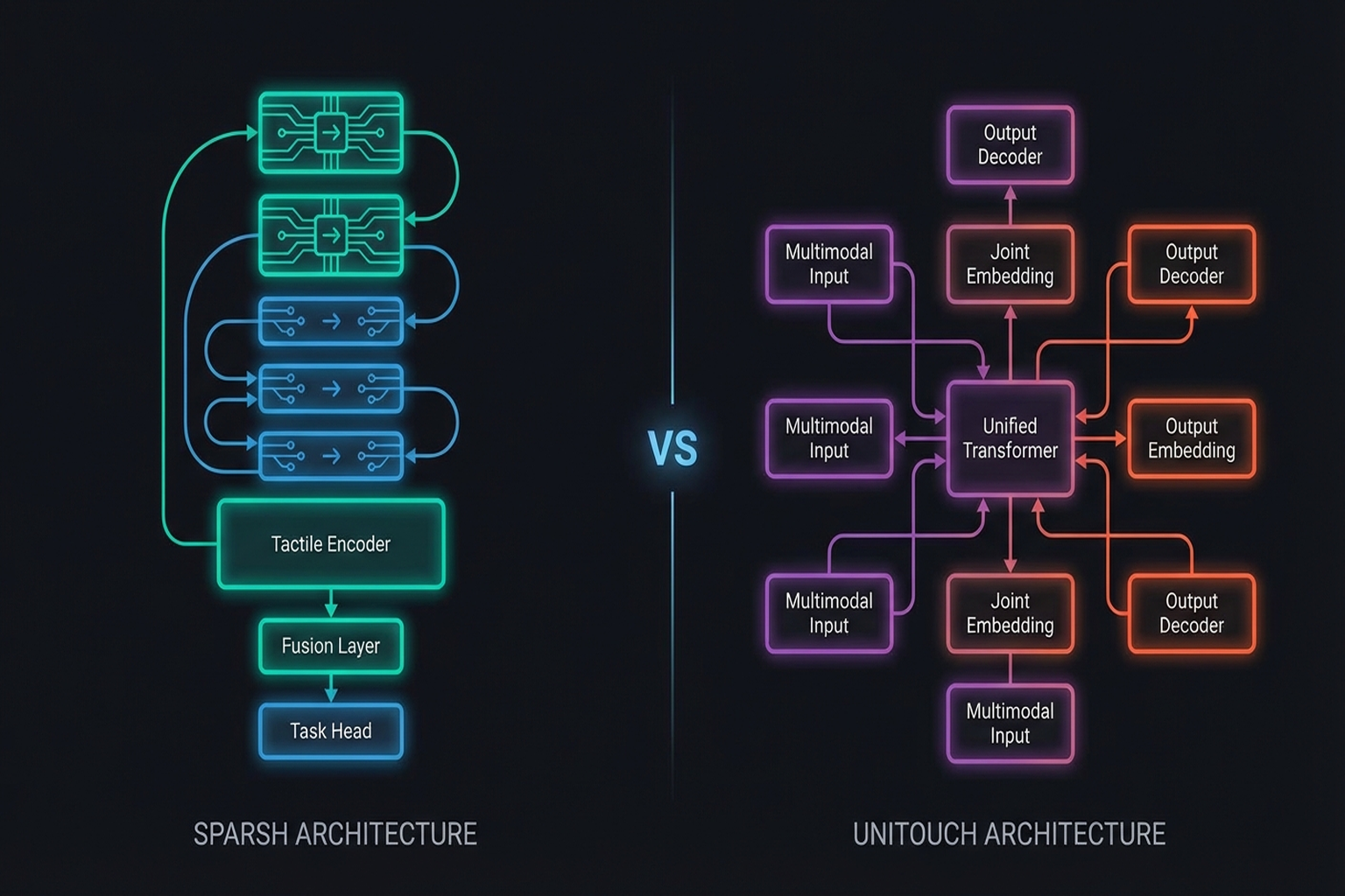 Figure 3.6: Tactile foundation model architectures — Sparsh (self-supervised) vs. UniTouch (contrastive learning).