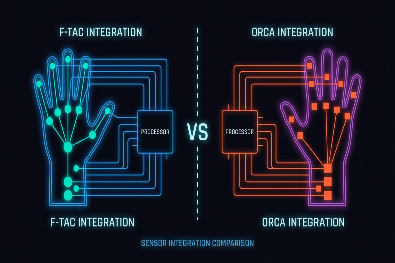 Figure 4.5: Sensor-integrated hand designs — sensor placement strategies. Source: F-TAC Hand (2025), ORCA (2025).