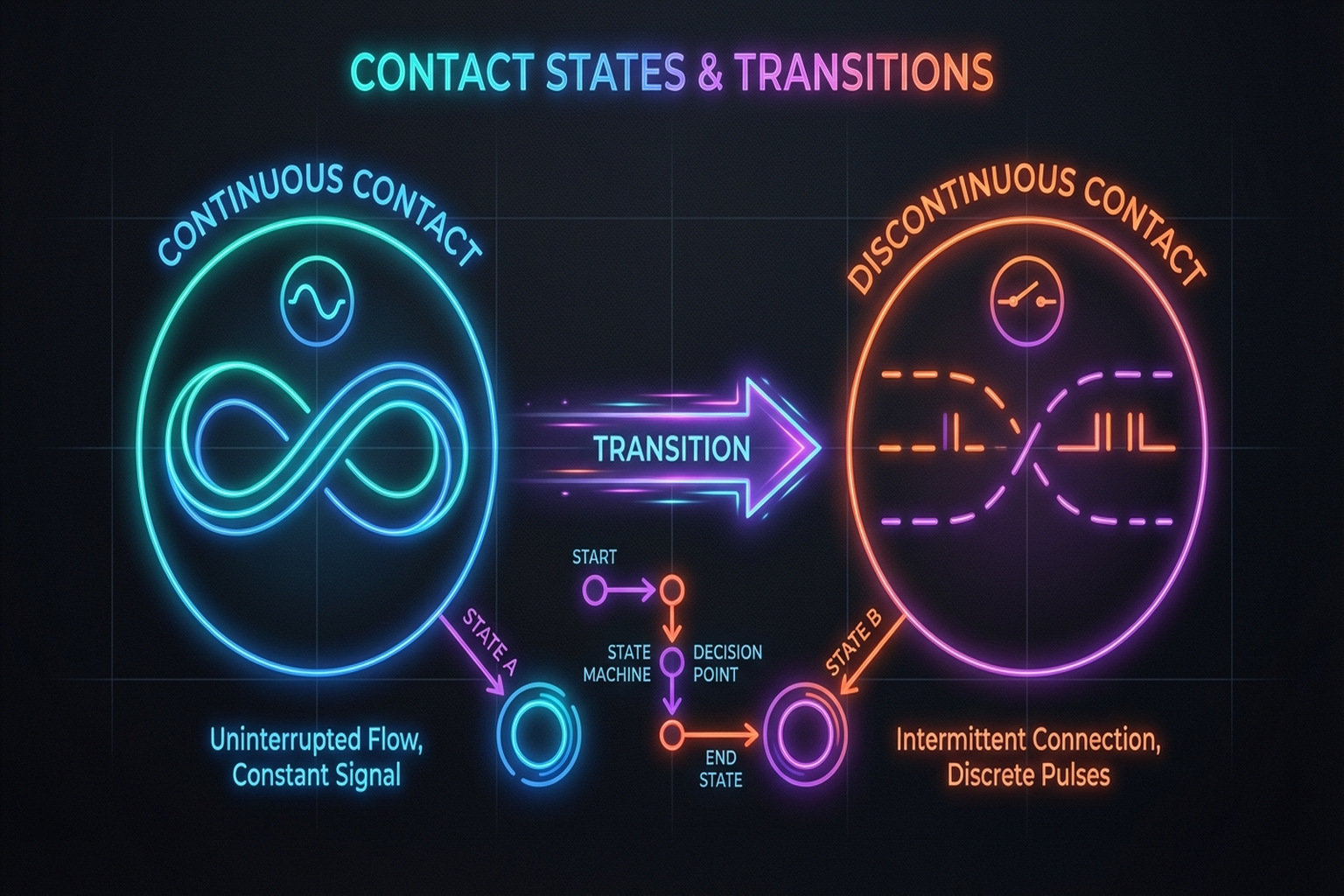 Figure 5.6: Continuous vs. discrete contact — state transition diagrams.