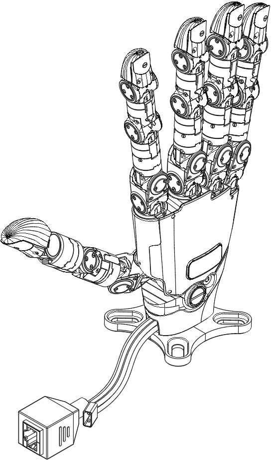 Figure 5.6: Wuji Hand 2 Beta 1 — official hand and connector schematic, source: Wuji Technology documentation, fair use for academic review
