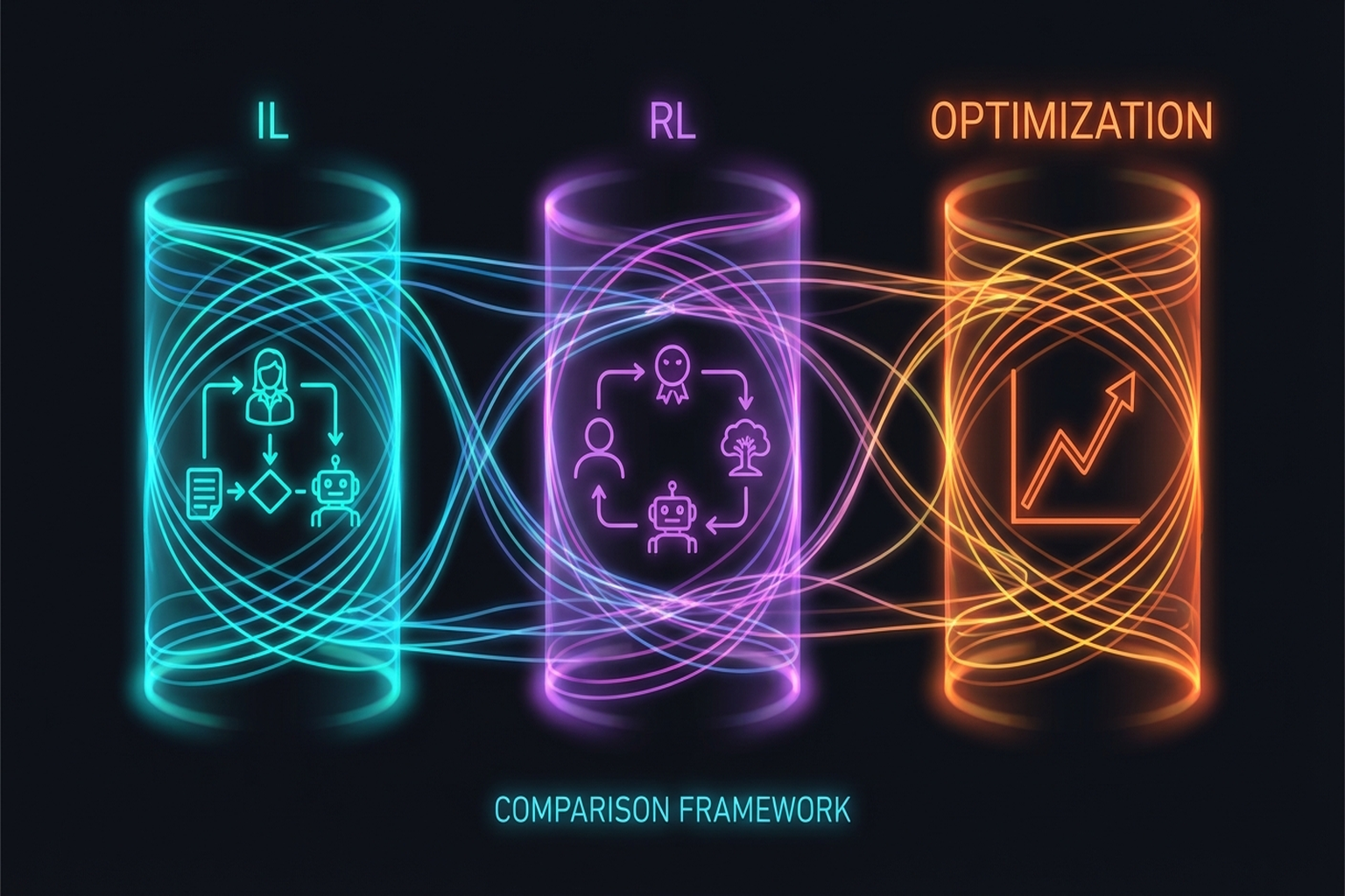 Figure 7.5: IL vs. RL vs. Optimization — application domains and trade-offs.