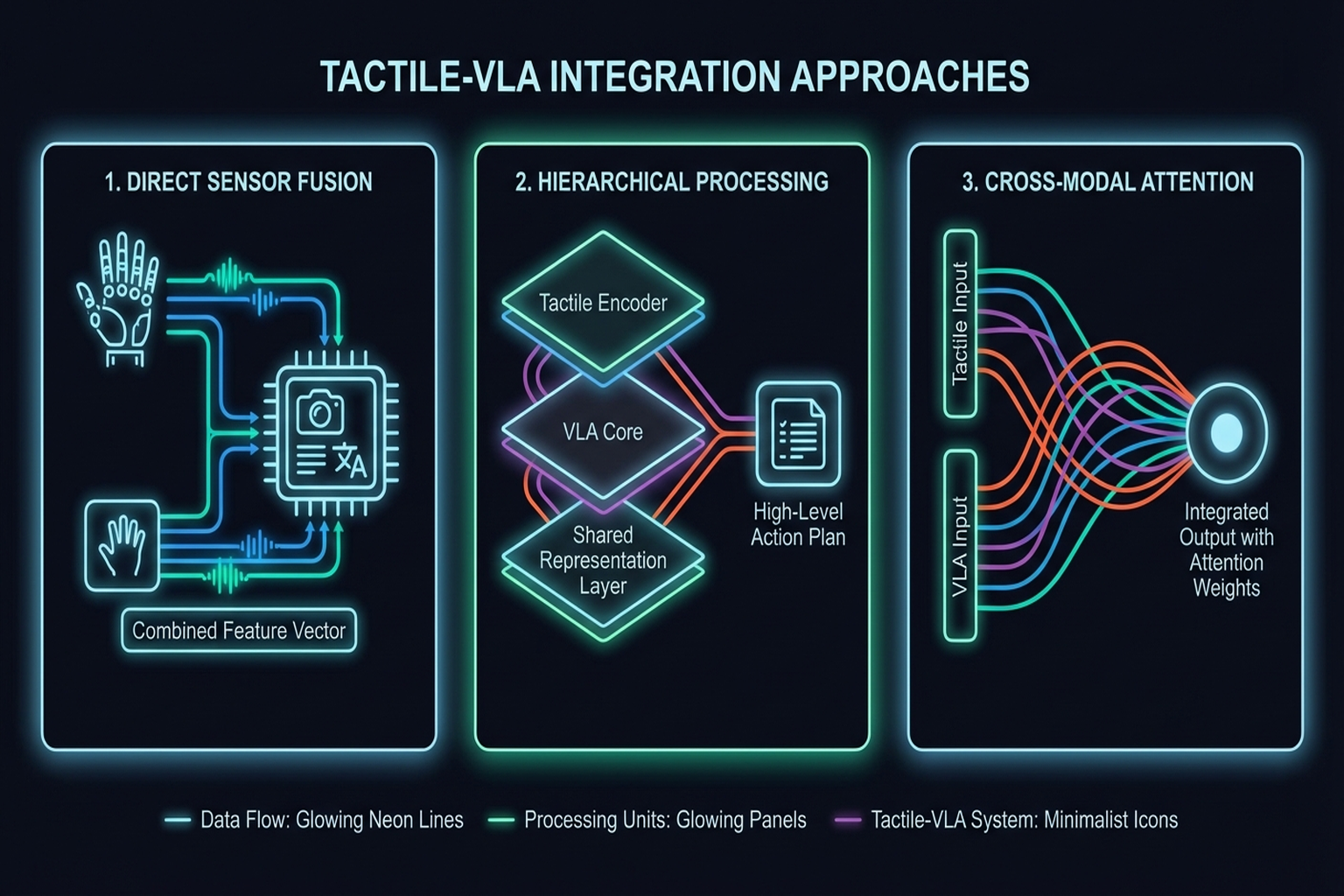 Figure 8.3: Three approaches to integrating tactile sensing with VLA models.