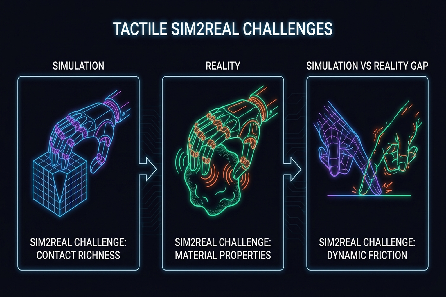 Figure 9.3: Challenges of tactile sim-to-real transfer.