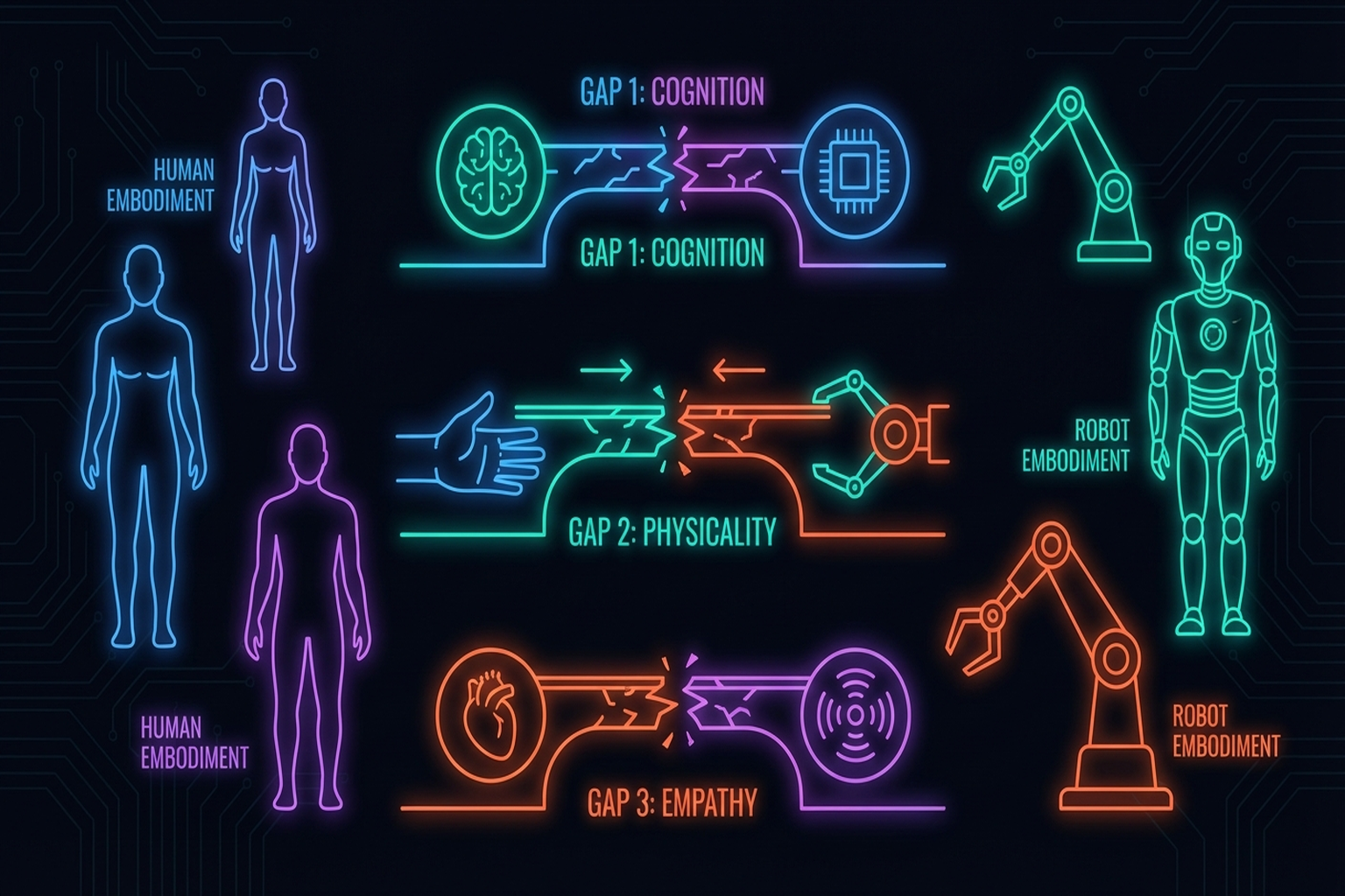 Figure 10.1: Three dimensions of the cross-embodiment gap.