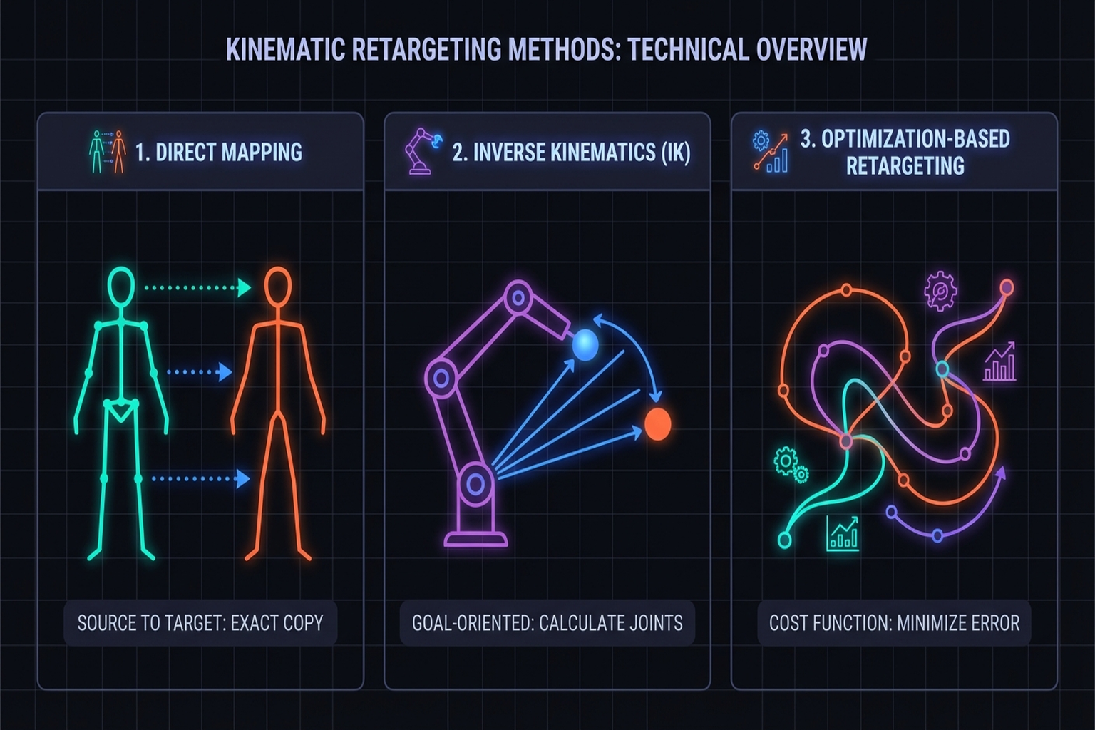 Figure 10.2: Three kinematic retargeting approaches.